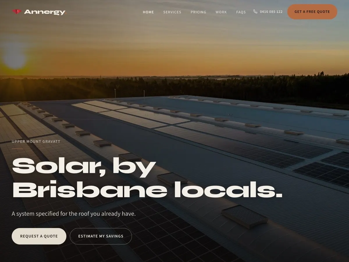 Annergy Solar website, with rooftop solar panels at sunset and the headline Solar, by Brisbane locals.