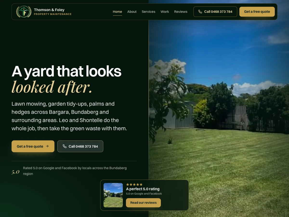 Thomson and Foley Property Maintenance homepage with deep green and gold styling and a sunlit garden.